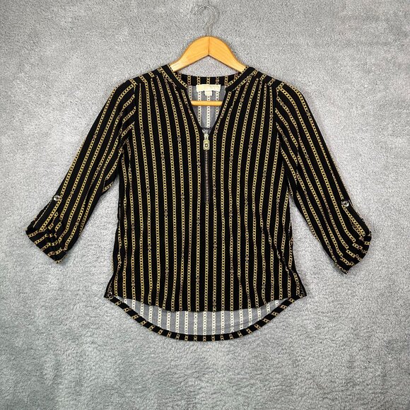 Michael Kors Women Half Zip Tunic Blouse Black/Yellow Chain Print Size S - Picture 1 of 13